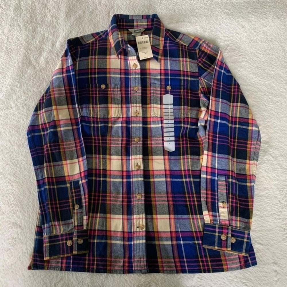 Women's Small DULUTH Free Swingin' Flannel Shirt Navy Blue Cream Pink Plaid NWT